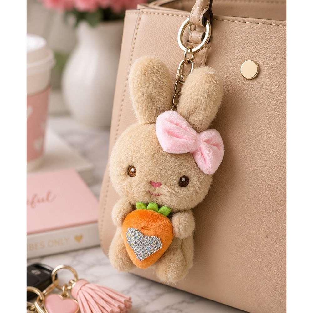Kawaii Plush Bunny Rabbit Keychain Bag Charm Pink Bow Carrot Rhinestone NWOT
